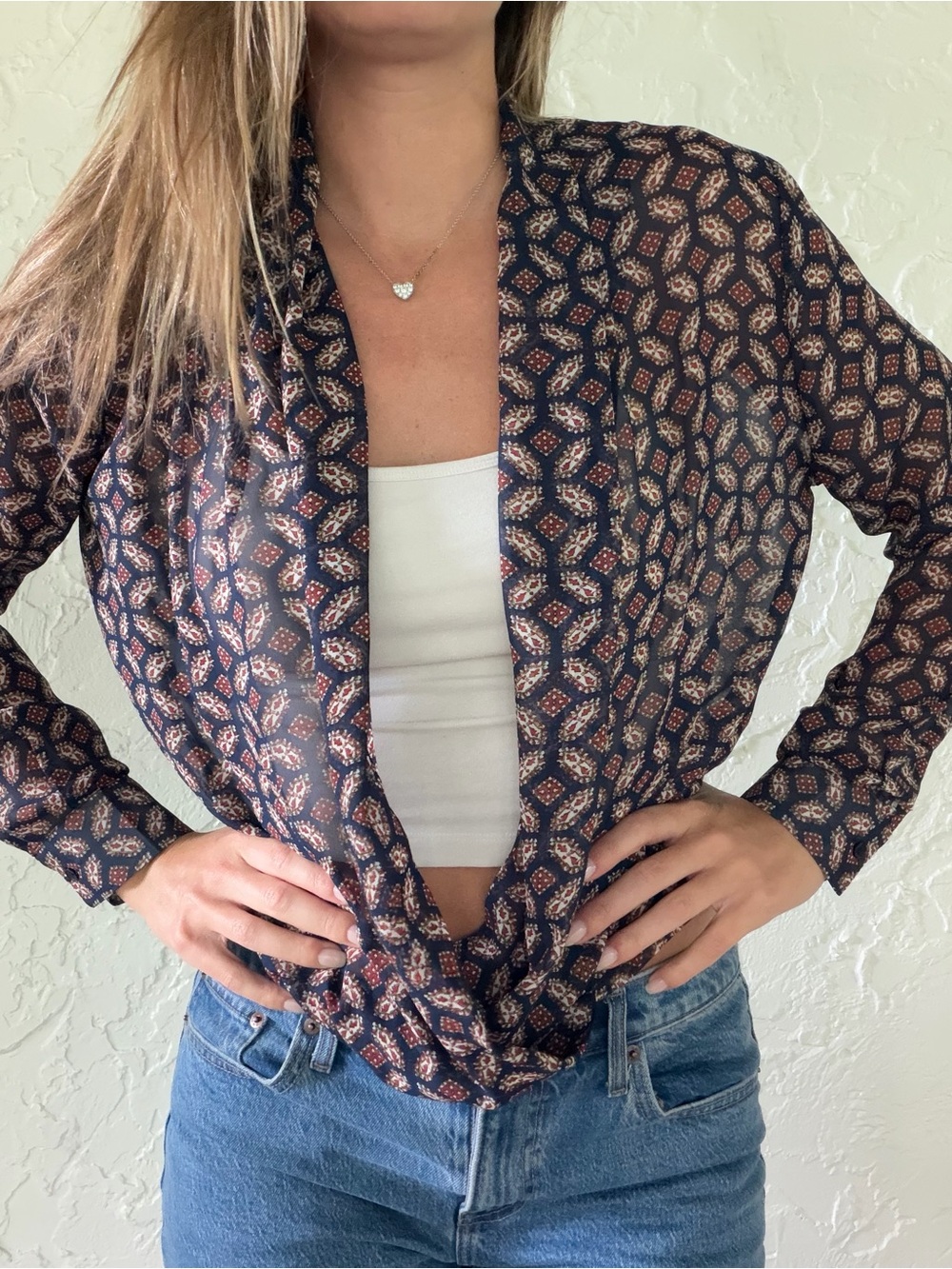 Sophie Rue Navy Printed Long Sleeve Sheer Blouse